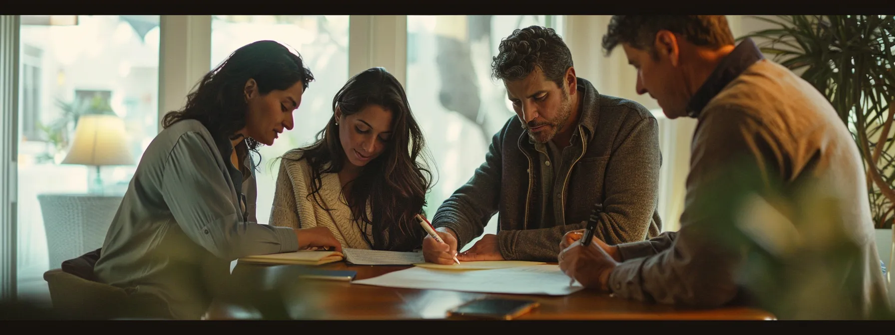 a couple signing paperwork with a real estate agent in miami.