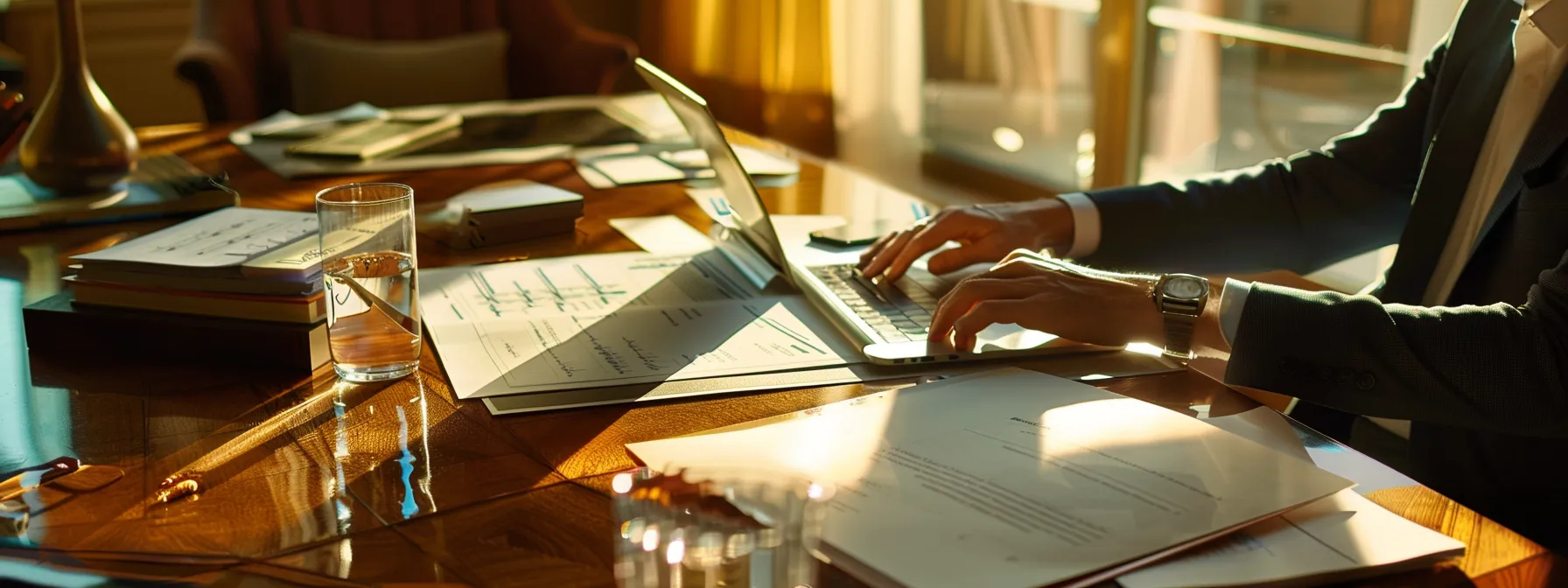 a person reviewing financial documents at a desk with a laptop in miami.