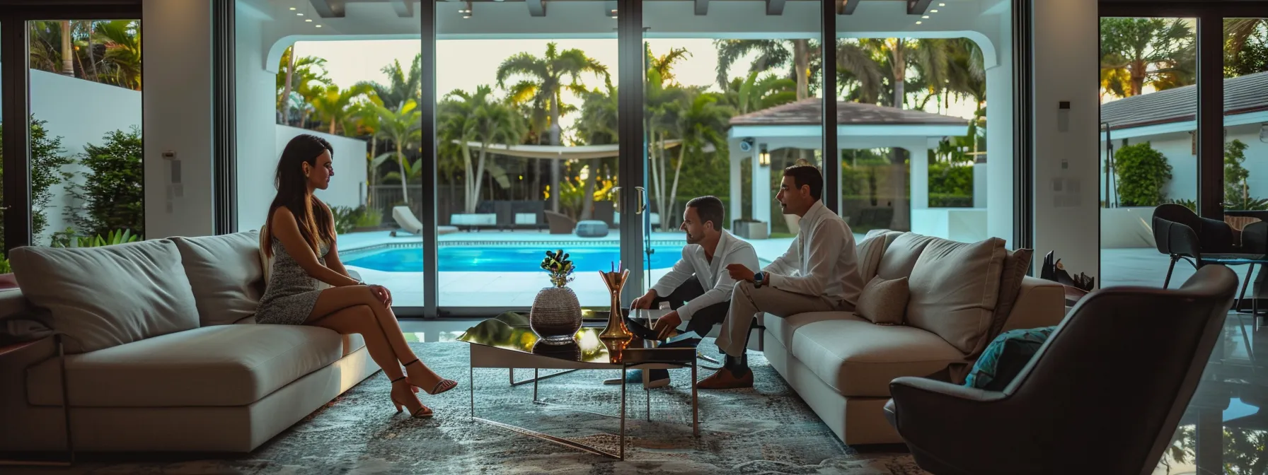 a family viewing a luxury miami home with a real estate agent, discussing income limits for housing loans.