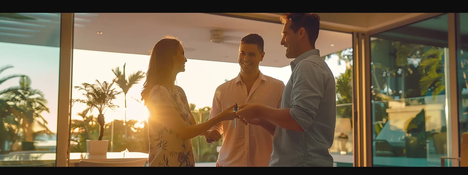 a couple receiving keys to their new home from a real estate agent in miami.