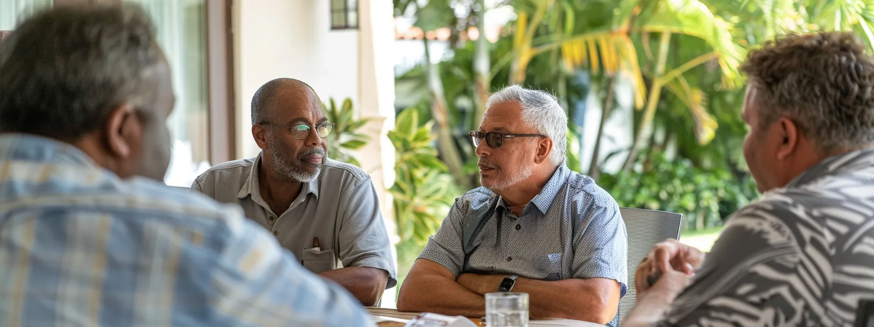 a group of low-income homeowners meeting with a contractor to discuss repairs and renovations for their properties in miami.