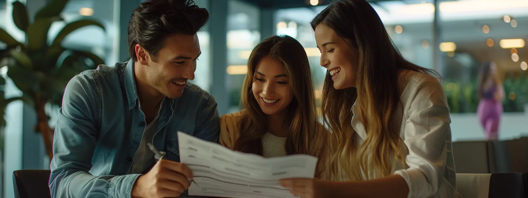 a young couple reviewing paperwork with a smiling real estate agent at a sleek modern office.