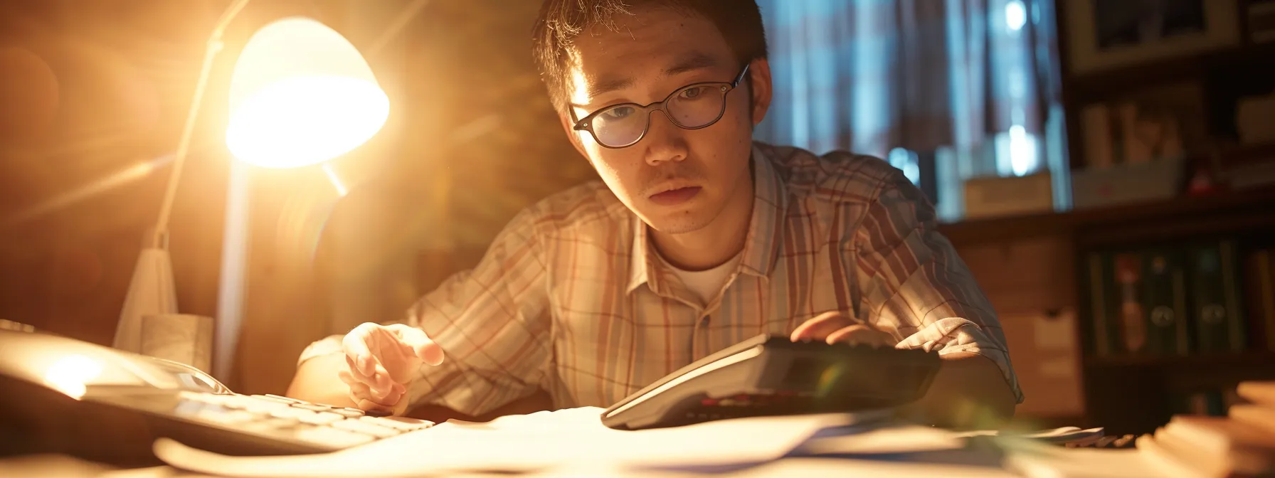 a person sitting at a desk with financial documents and a calculator, looking focused and thoughtful.