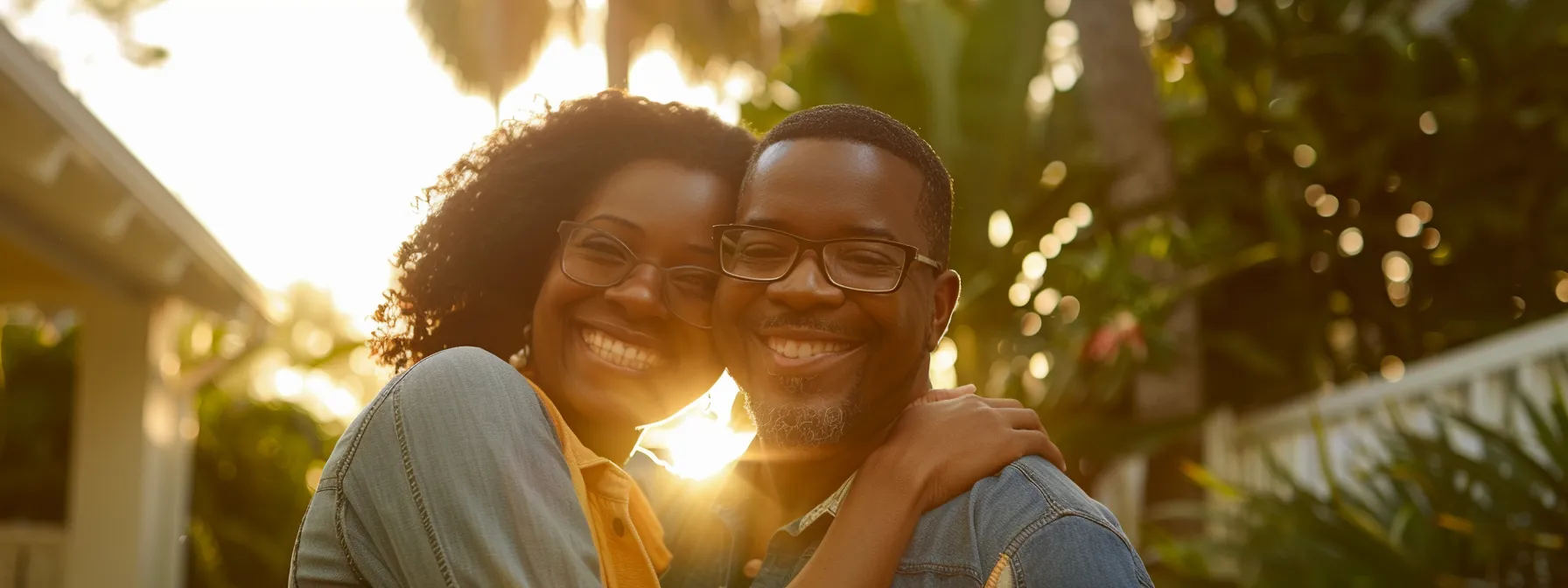 a couple smiling in front of a newly purchased home in miami.