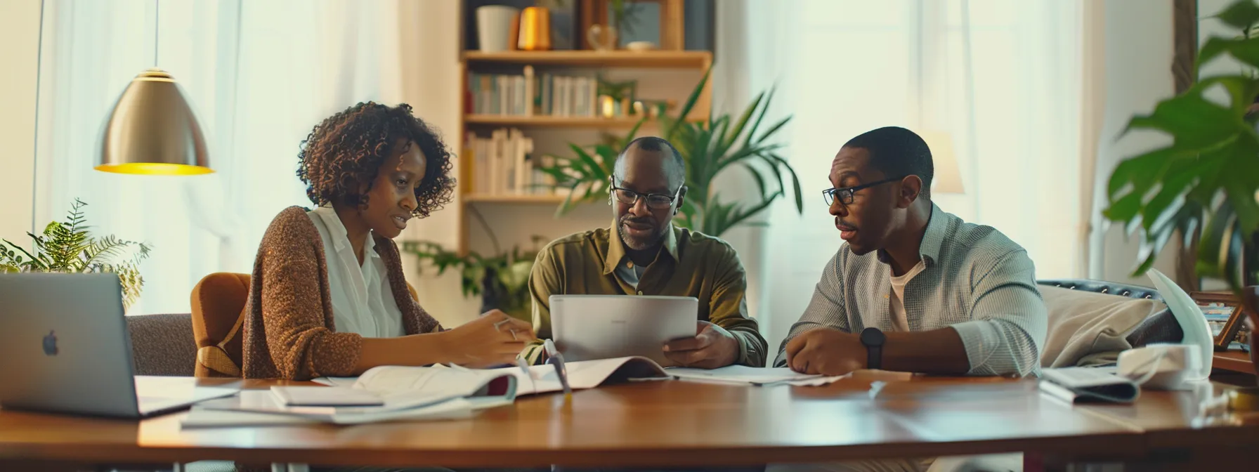 a couple sitting at a desk with a mortgage broker, discussing home loan options and looking through paperwork in miami.