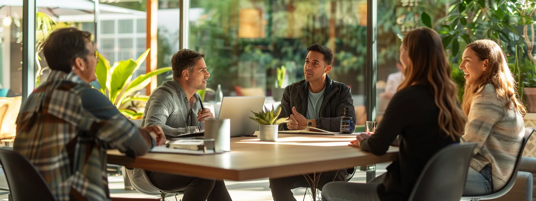 a group of people sitting around a table in a modern office, discussing home buying options with hud-approved agency representatives.