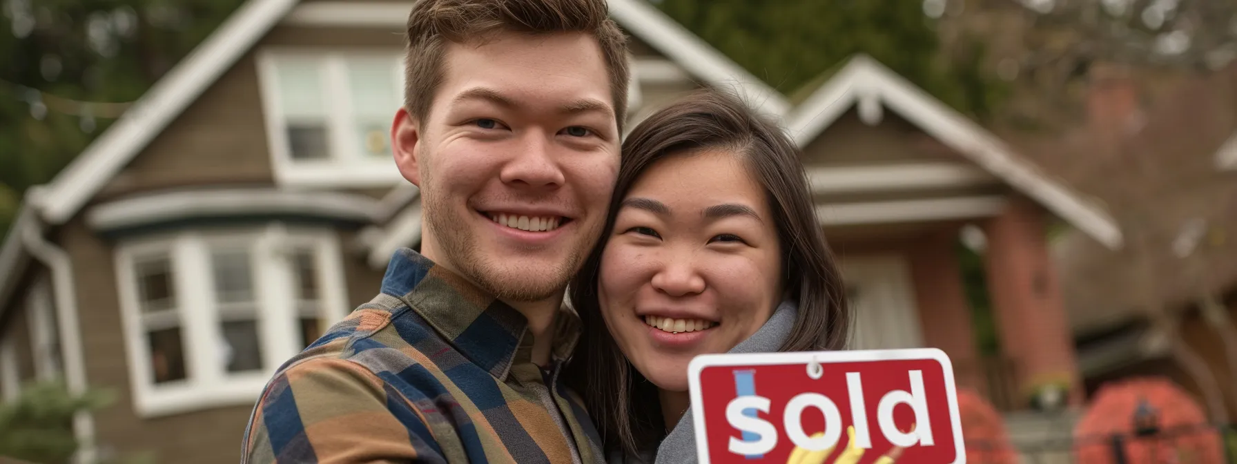 a young couple smiling in front of a cozy home with a "sold" sign in the yard.