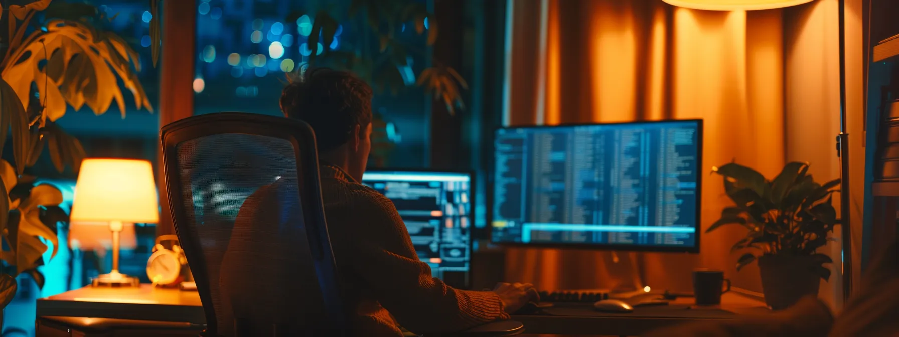 a person sitting at a desk, focused on a computer screen displaying credit monitoring alerts as they prepare to close on their miami home.