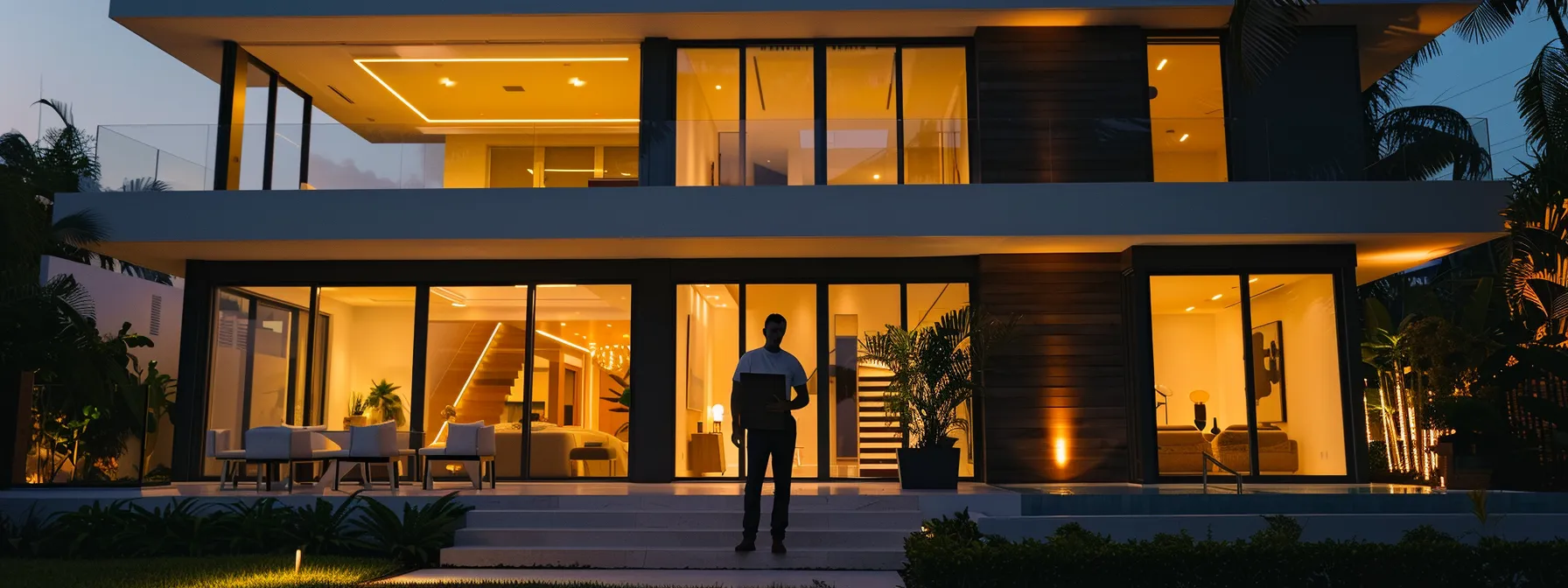 a person standing in front of a modern miami home, looking at a credit score report on a tablet with a concerned expression.