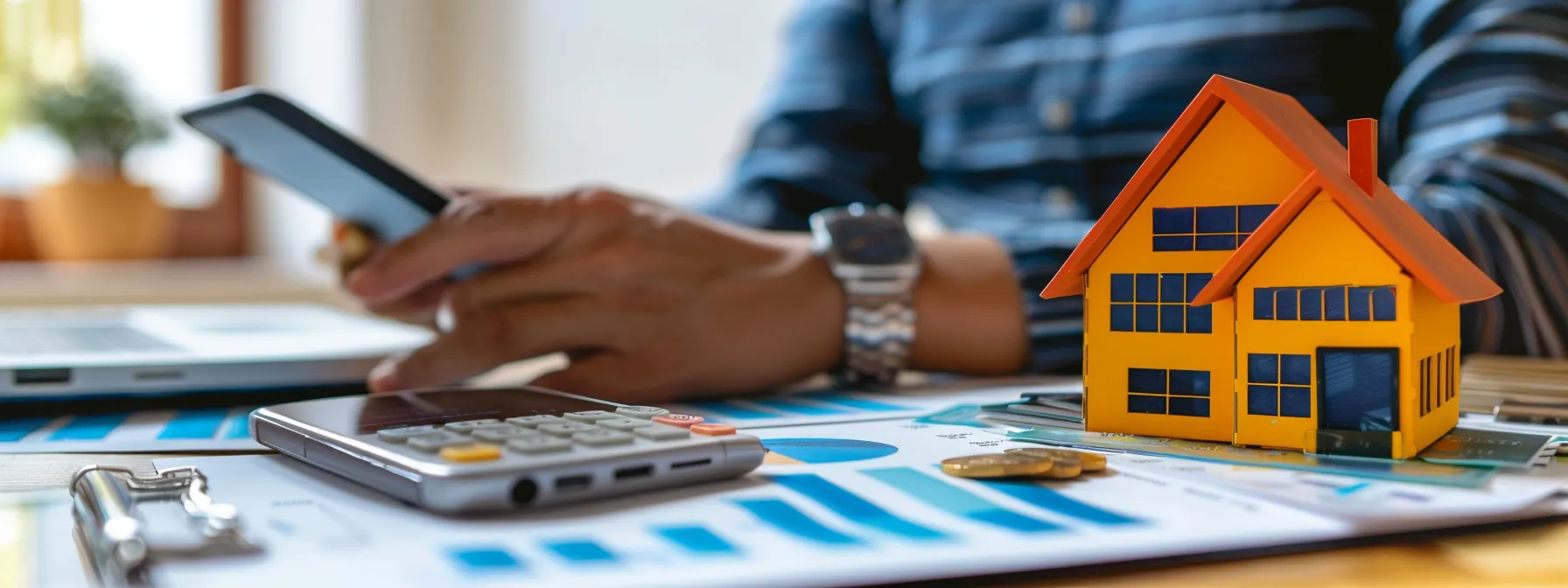 a person monitoring their credit score on a smartphone while looking at real estate market statistics.