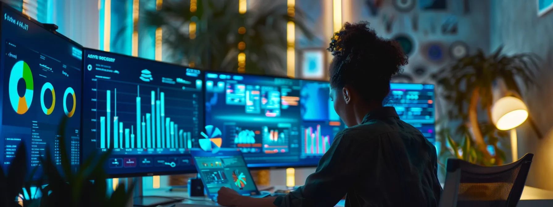 a person sitting at a sleek miami program office desk, surrounded by financial graphs and charts while receiving personalized credit counseling.