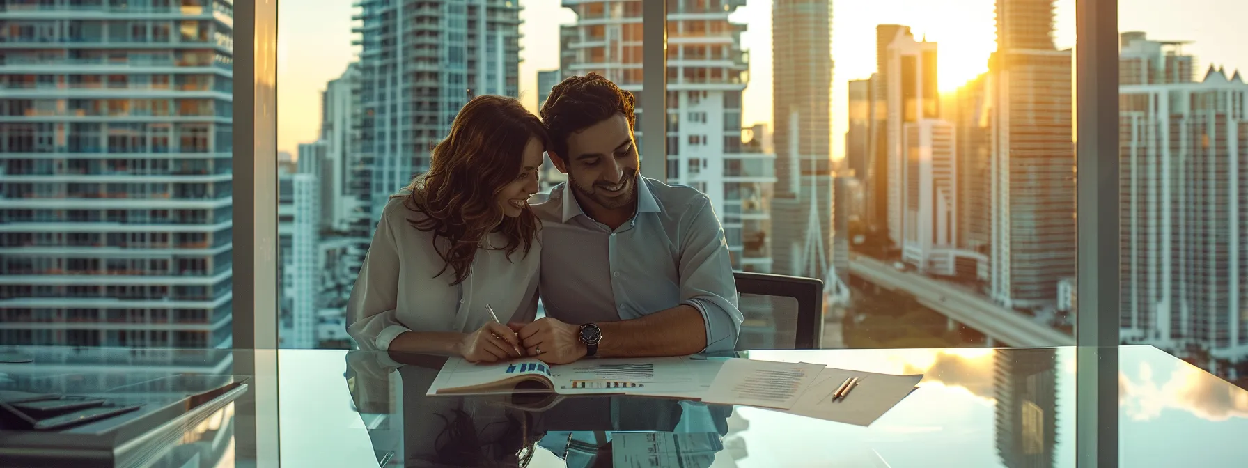 a young couple smiling and signing paperwork at a sleek, modern office desk with a view of the miami skyline in the background.