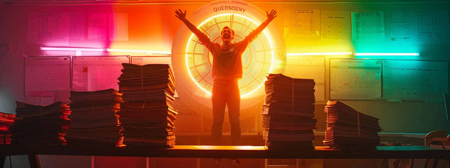 a person standing triumphantly in front of a glowing credit score meter, surrounded by stacks of paid-off bills and a calendar marked with timely payment dates, symbolizing financial responsibility and credit score improvement.