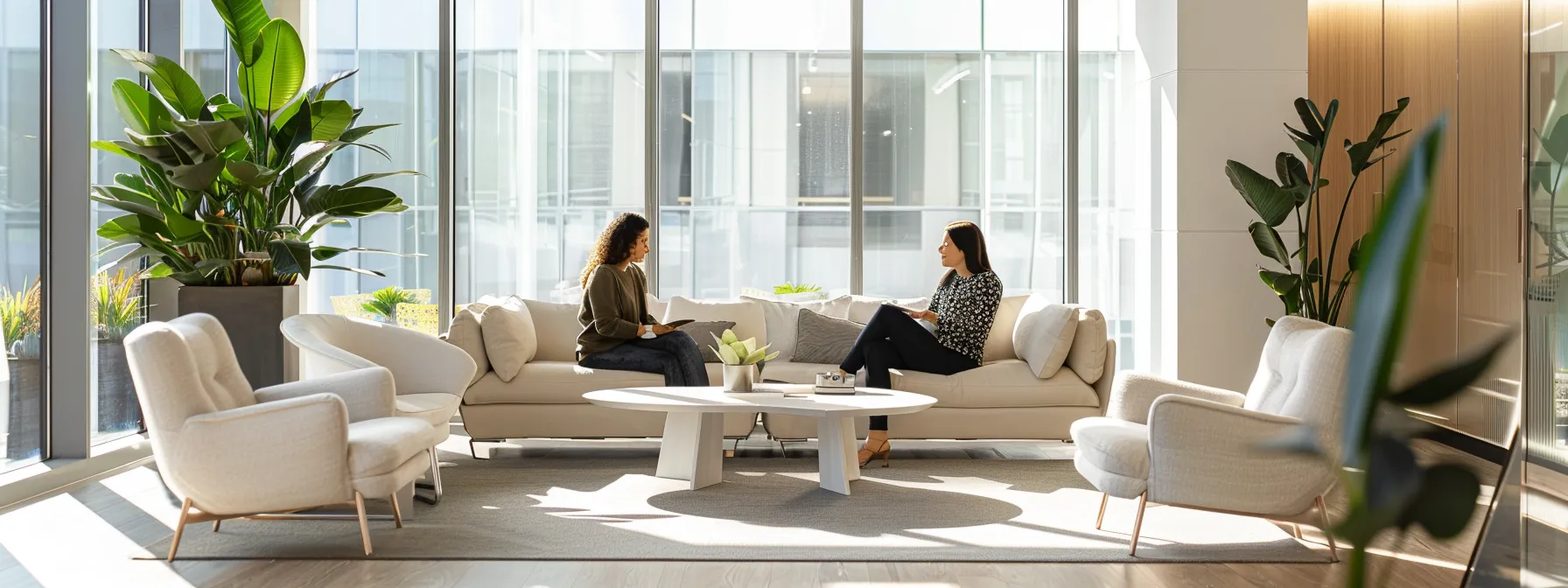 a person discussing refinance options with a miami lender in a bright and modern office setting.