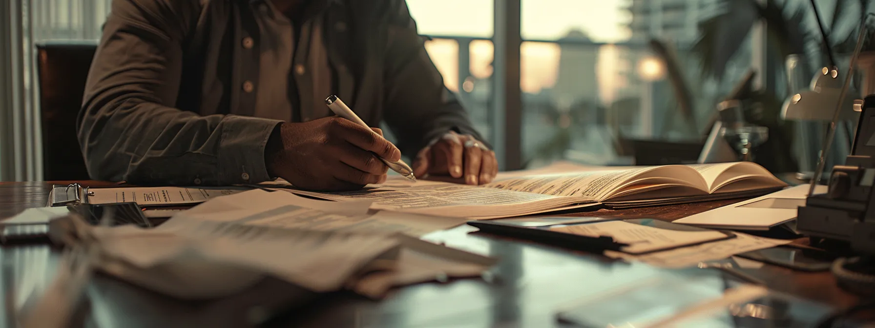 a person sitting at a desk in miami, surrounded by financial documents, speaking with a mortgage lender.