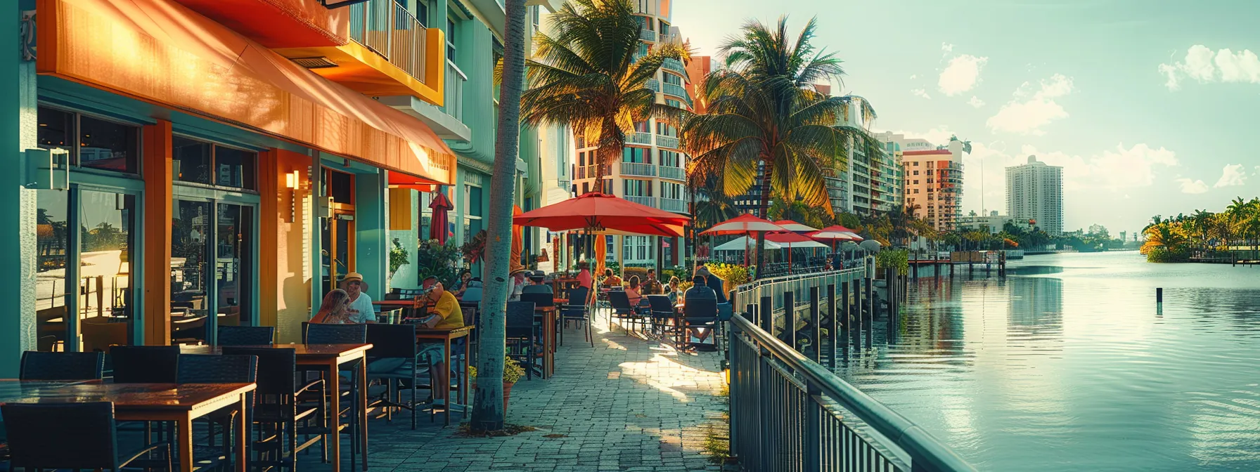 brightly colored buildings lining the miami shoreline as a couple discusses mortgage refinancing options in a cozy cafe.