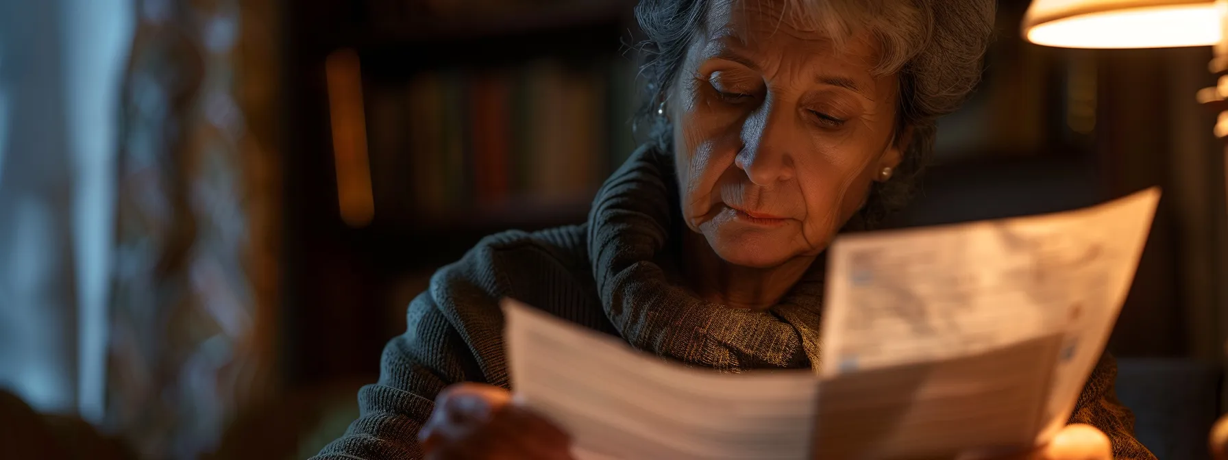 a person carefully reviewing mortgage papers with a serious expression on their face.