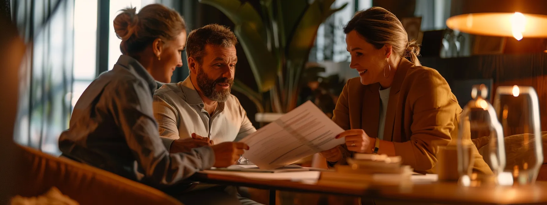 a couple sitting at a dining table, looking over paperwork with a financial advisor.